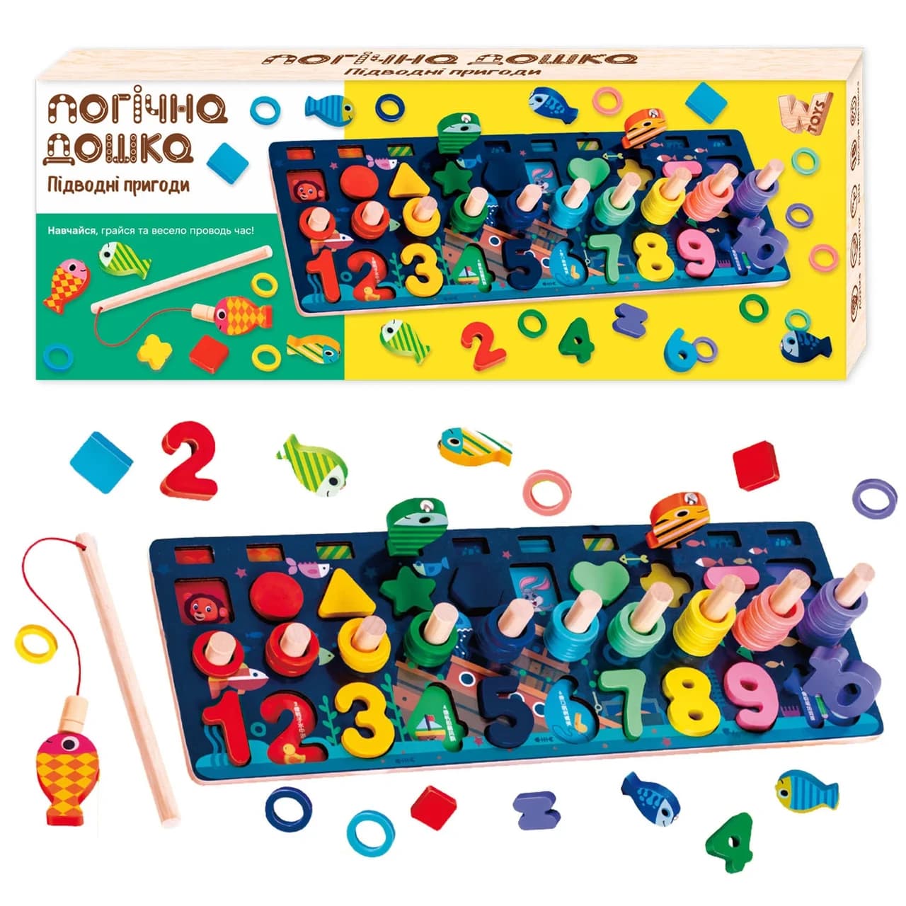 Дошка логічна 11825 (40) "WToys", дерев'яна, 10 кольорових рибок, магнітна риболовля, цифри та фігури, кілочки, в коробці