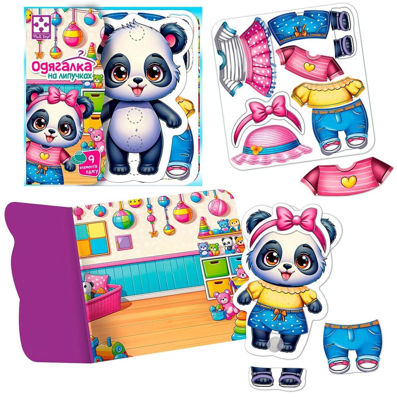 Гра з липучками "Пандочка" VT1320-05 "Vladi Toys", фігурка, 9 предметів одягу, ігровий фон