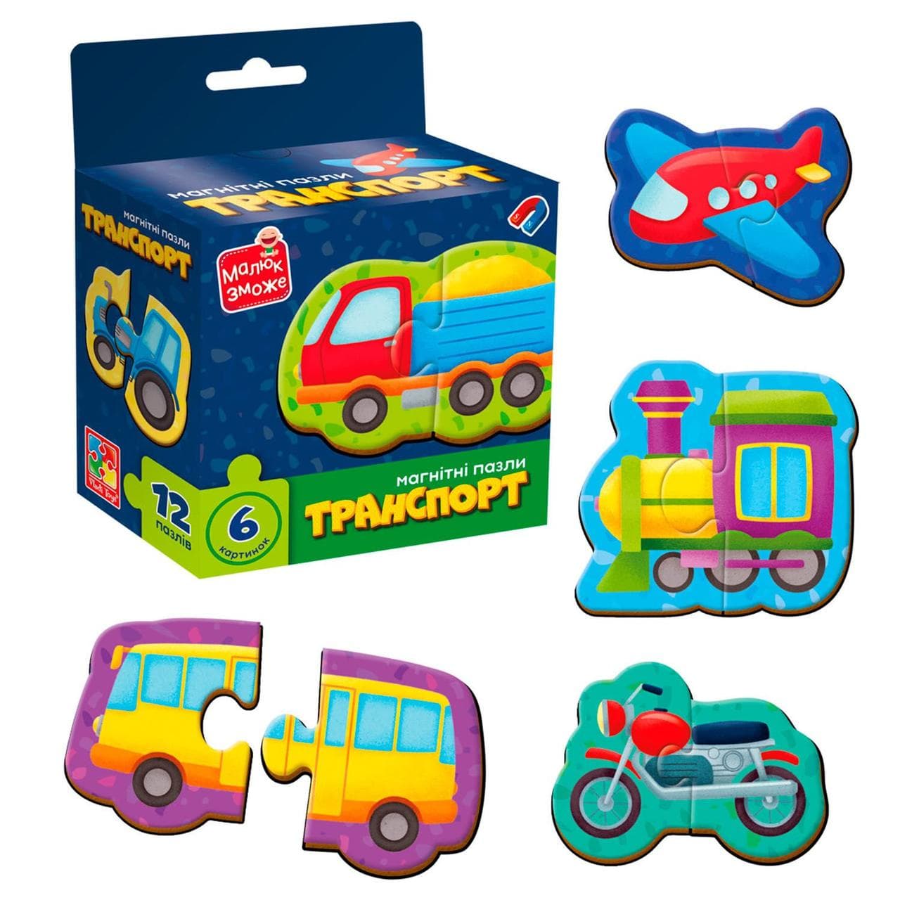 Магнітні пазли "Транспорт" VT1733-02 "Vladi Toys", 6 картинок (12 деталей), в коробці